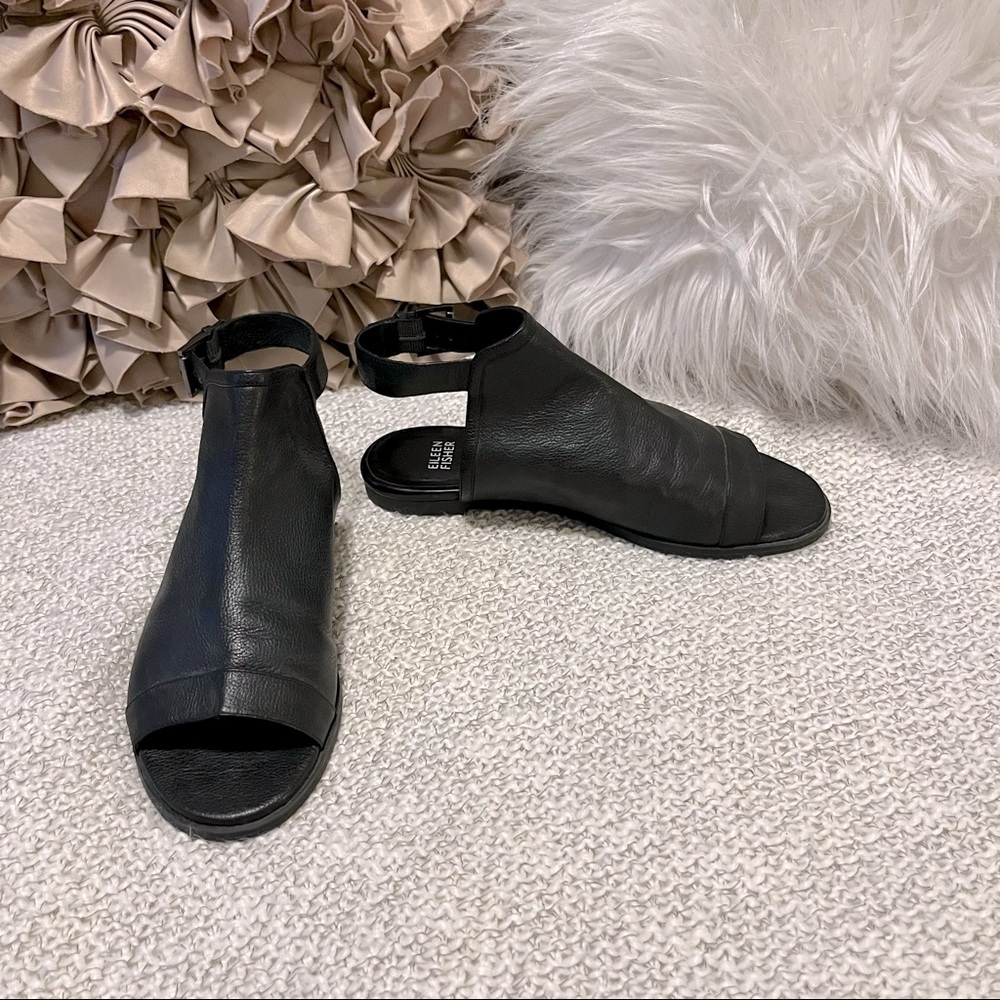 Eileen Fisher Black Leather Ankle Strap Peep Toe Flat Sandal Booties Womens 7.5